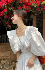 Aiertu Summer Casual Backless Beach White Dresses Woman Chic Ruffles A-line Vestidos Korean One-piece Short Sleeve Clothing Aiertu