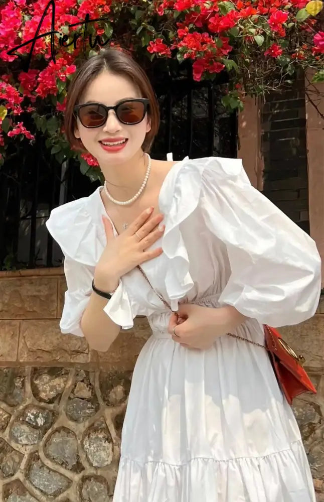 Aiertu Summer Casual Backless Beach White Dresses Woman Chic Ruffles A-line Vestidos Korean One-piece Short Sleeve Clothing Aiertu