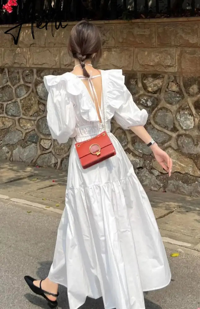 Aiertu Summer Casual Backless Beach White Dresses Woman Chic Ruffles A-line Vestidos Korean One-piece Short Sleeve Clothing Aiertu