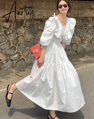 Aiertu Summer Casual Backless Beach White Dresses Woman Chic Ruffles A-line Vestidos Korean One-piece Short Sleeve Clothing Aiertu