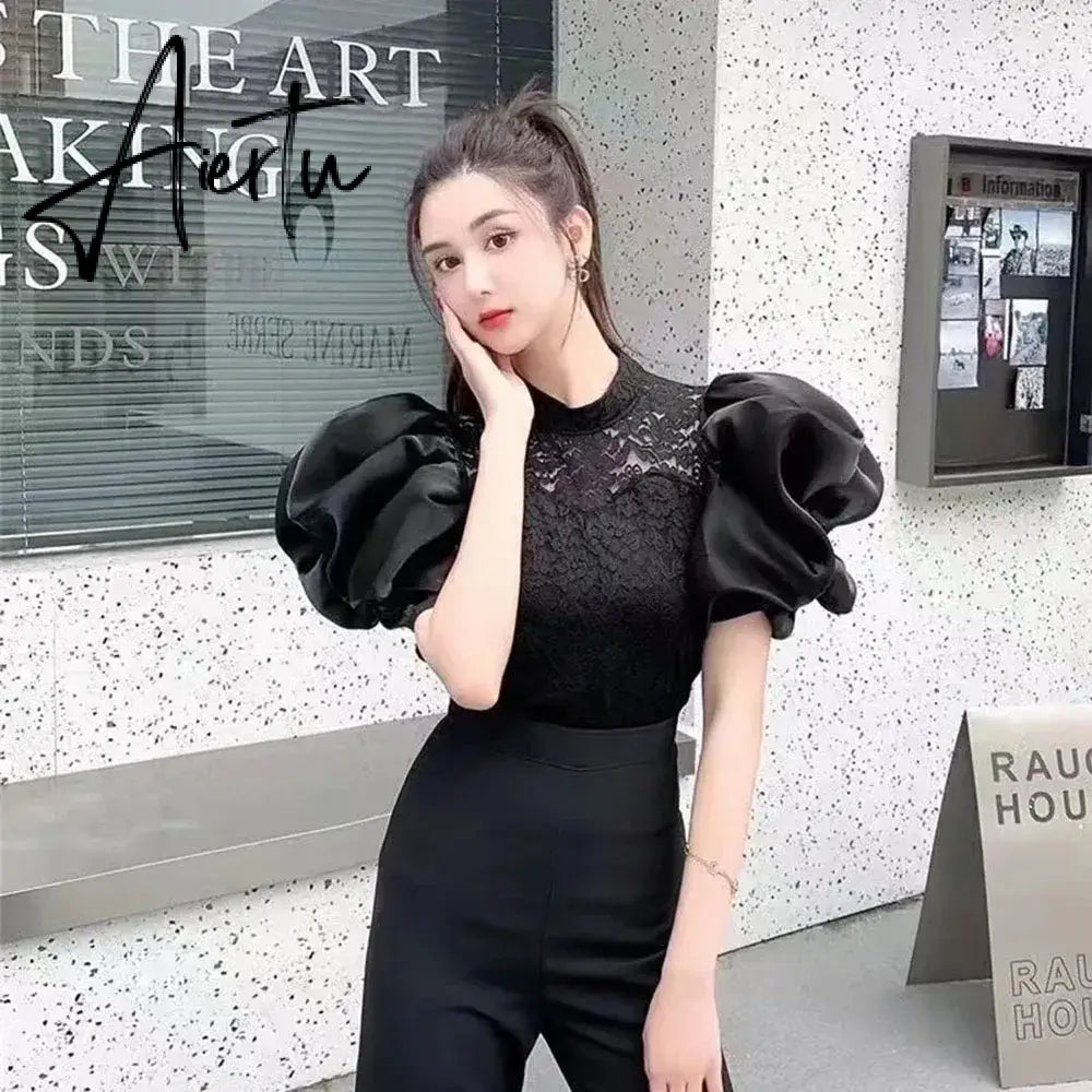 Aiertu Summer Chic Court Style Lace Hollowed Shirt Womens French Elegant Bubble Sleeve Blouses Ladies Tops Sweet Camisas Y Blusas Aiertu