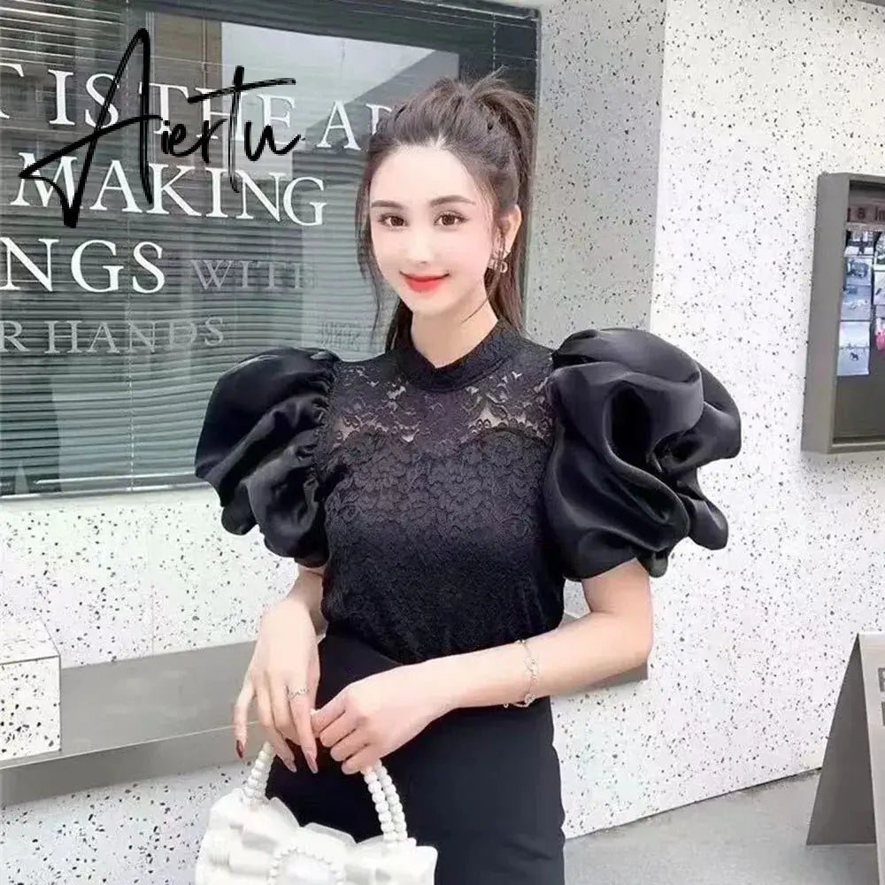 Aiertu Summer Chic Court Style Lace Hollowed Shirt Womens French Elegant Bubble Sleeve Blouses Ladies Tops Sweet Camisas Y Blusas Aiertu
