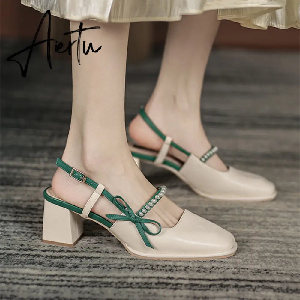 Aiertu Summer Chic High Heel Sexy Ladies Sandals Side Knot Faux Pearl Fashion Women Pumps Open Back Heel Female Shoes Aiertu