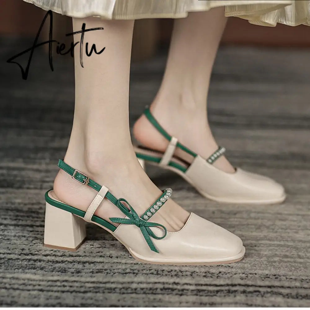 Aiertu Summer Chic High Heel Sexy Ladies Sandals Side Knot Faux Pearl Fashion Women Pumps Open Back Heel Female Shoes Aiertu