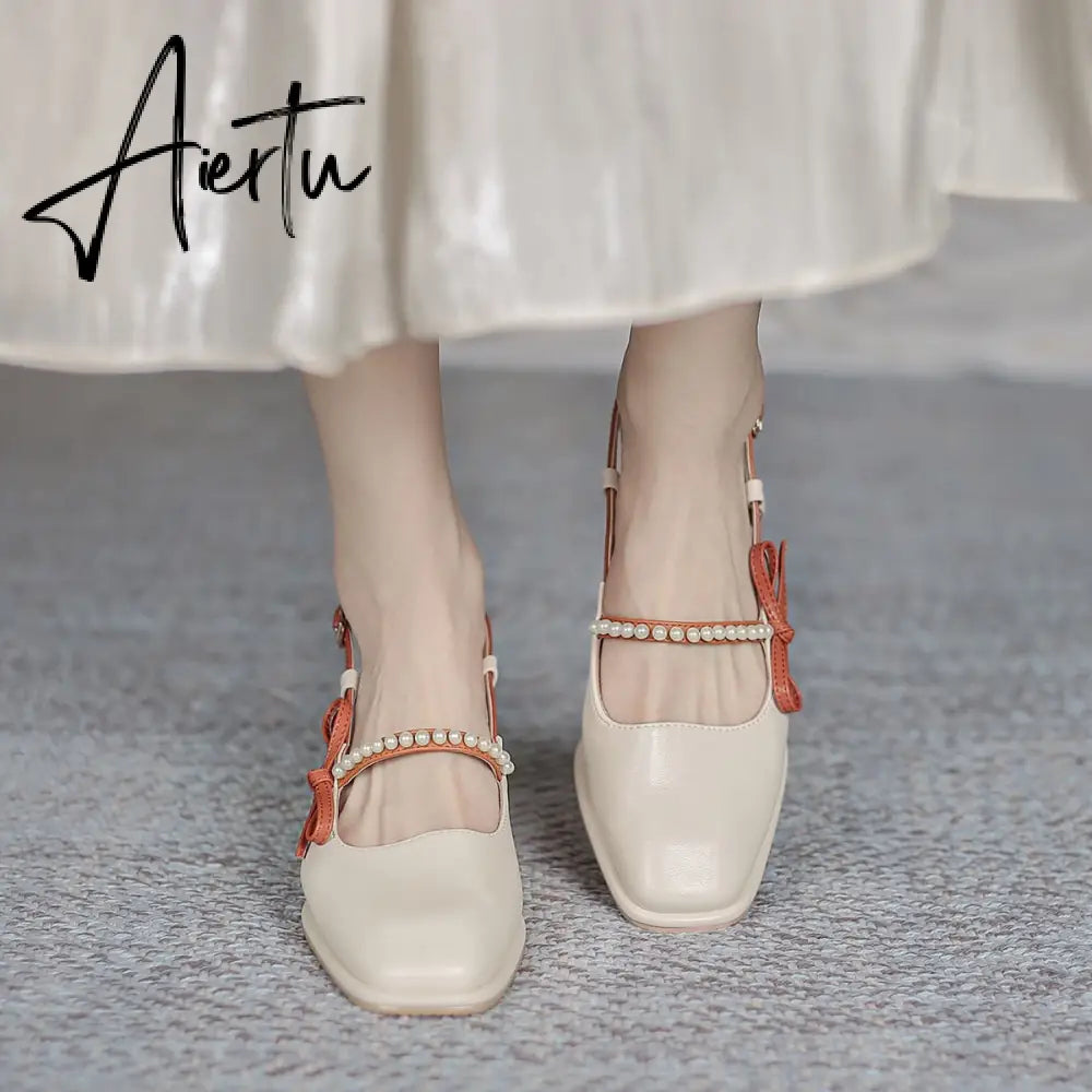 Aiertu Summer Chic High Heel Sexy Ladies Sandals Side Knot Faux Pearl Fashion Women Pumps Open Back Heel Female Shoes Aiertu