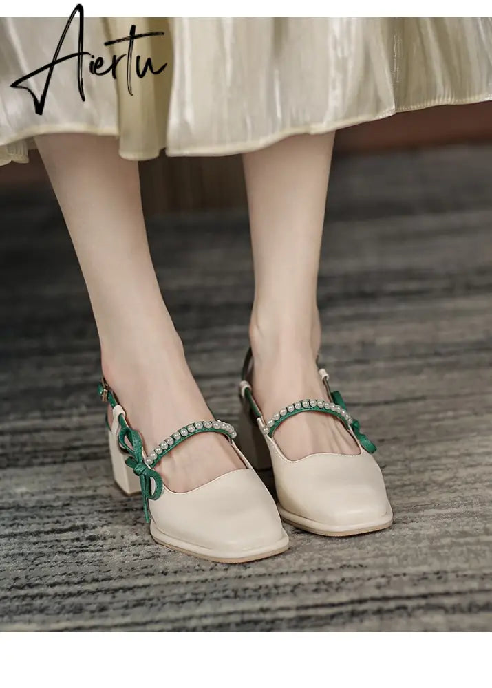 Aiertu Summer Chic High Heel Sexy Ladies Sandals Side Knot Faux Pearl Fashion Women Pumps Open Back Heel Female Shoes Aiertu