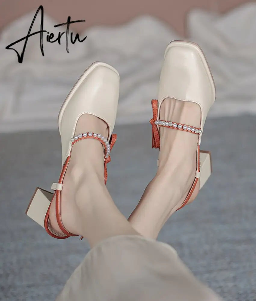 Aiertu Summer Chic High Heel Sexy Ladies Sandals Side Knot Faux Pearl Fashion Women Pumps Open Back Heel Female Shoes Aiertu
