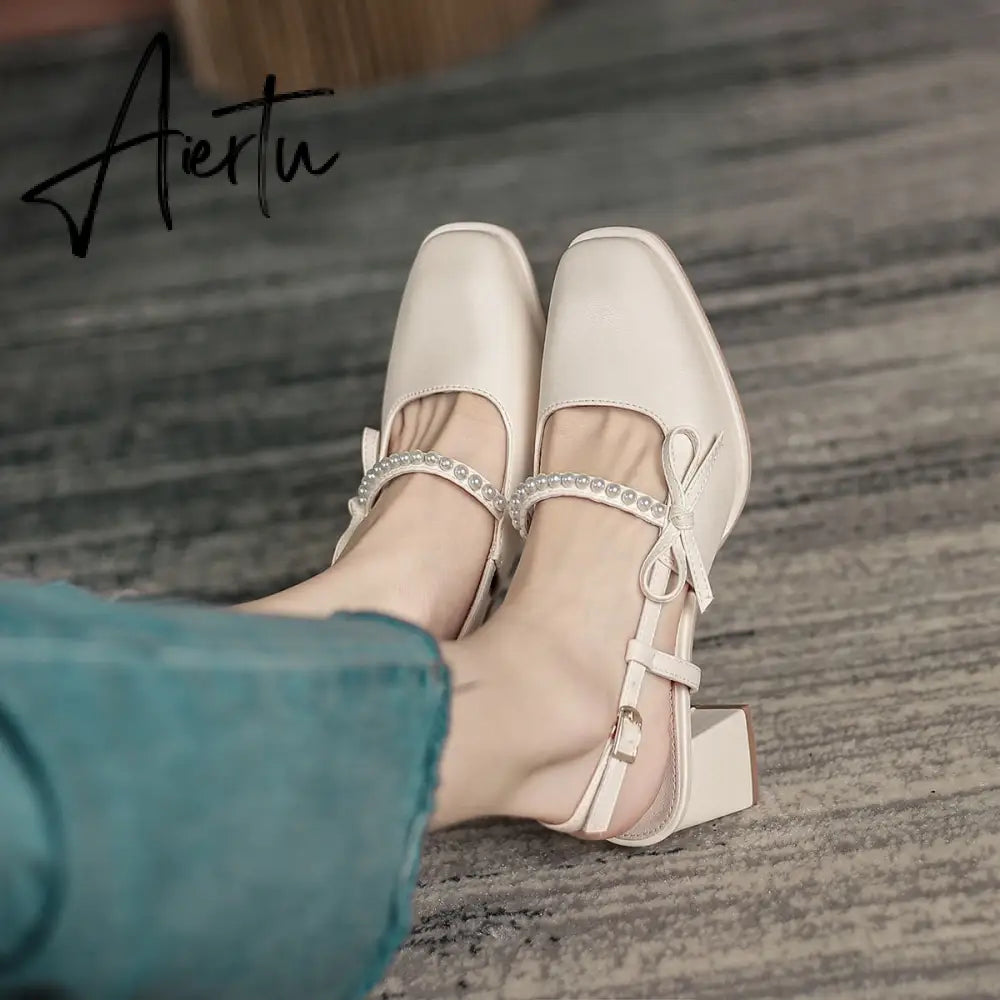 Aiertu Summer Chic High Heel Sexy Ladies Sandals Side Knot Faux Pearl Fashion Women Pumps Open Back Heel Female Shoes Aiertu