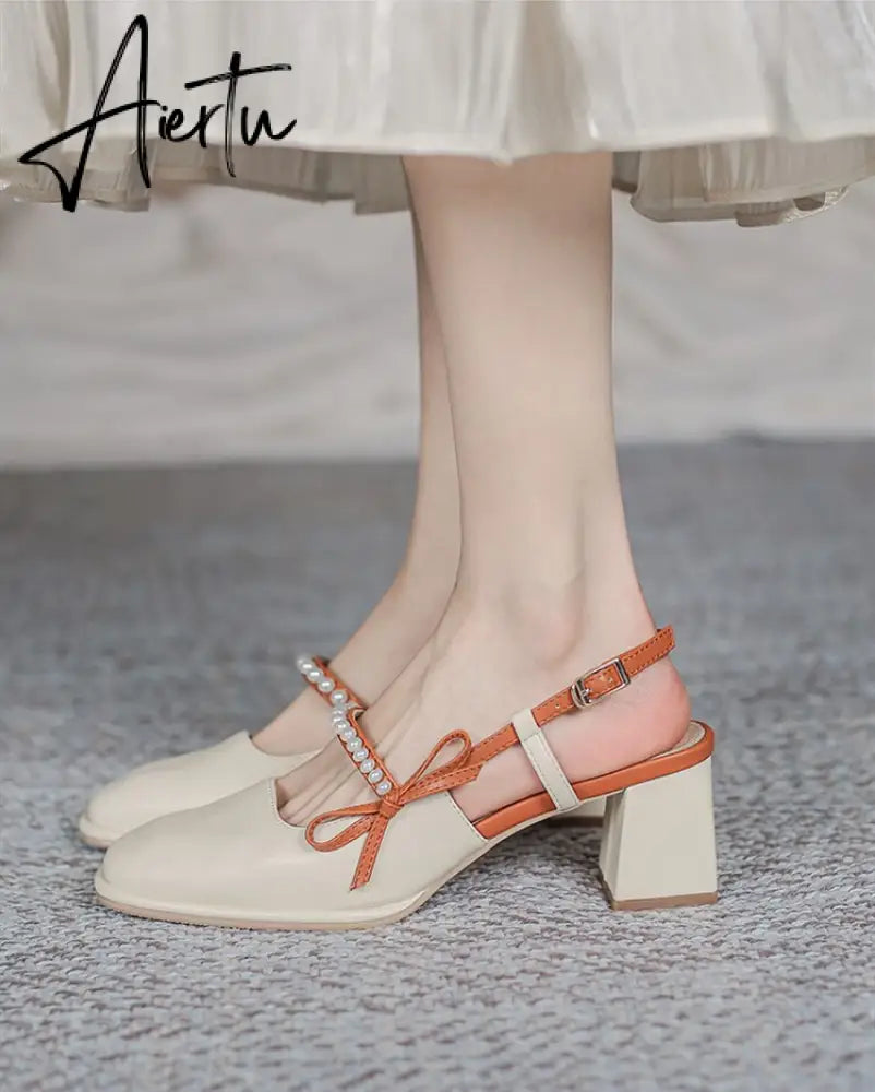 Aiertu Summer Chic High Heel Sexy Ladies Sandals Side Knot Faux Pearl Fashion Women Pumps Open Back Heel Female Shoes Aiertu