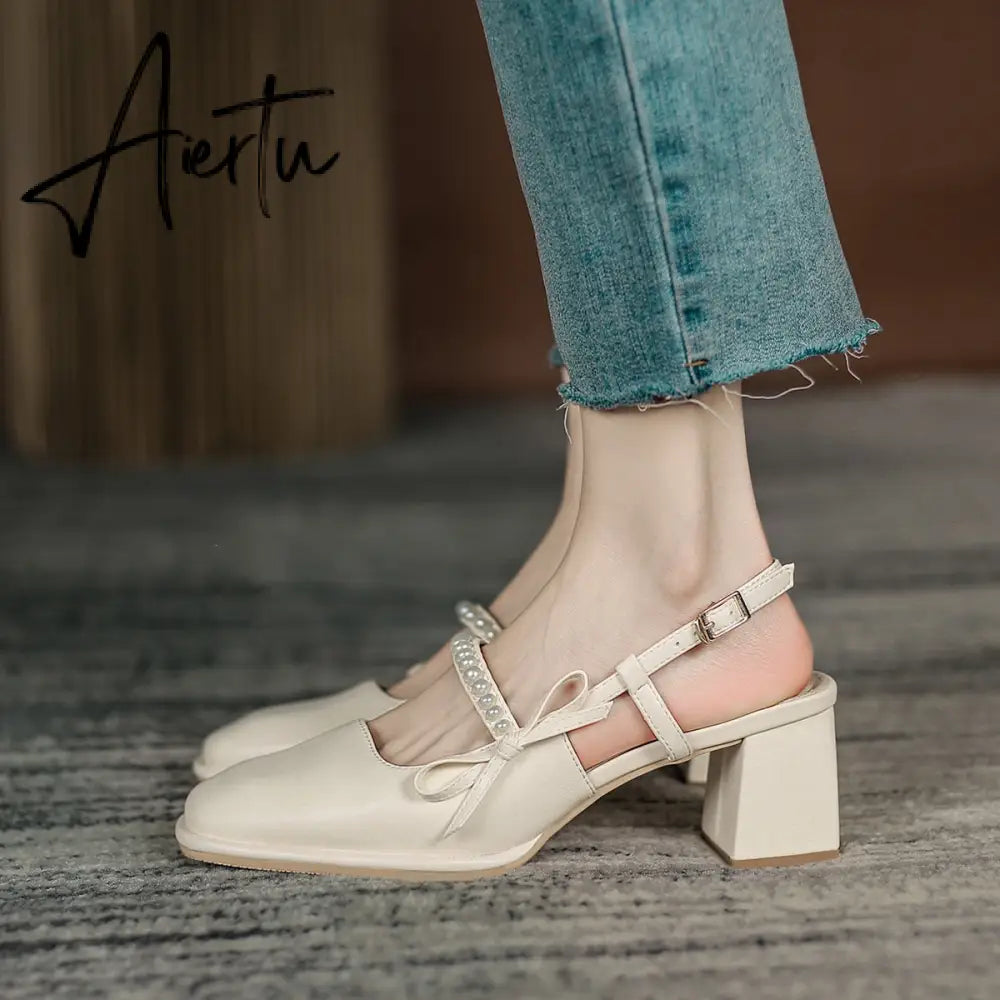 Aiertu Summer Chic High Heel Sexy Ladies Sandals Side Knot Faux Pearl Fashion Women Pumps Open Back Heel Female Shoes Aiertu