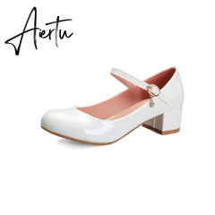 Aiertu Summer Concise Black White Pu Patent Leather Block Chunky Heels Student Princess Dress Show Mary Jane Shoes Pumps Women Aiertu