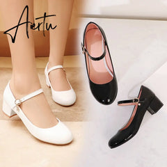 Aiertu Summer Concise Black White Pu Patent Leather Block Chunky Heels Student Princess Dress Show Mary Jane Shoes Pumps Women Aiertu