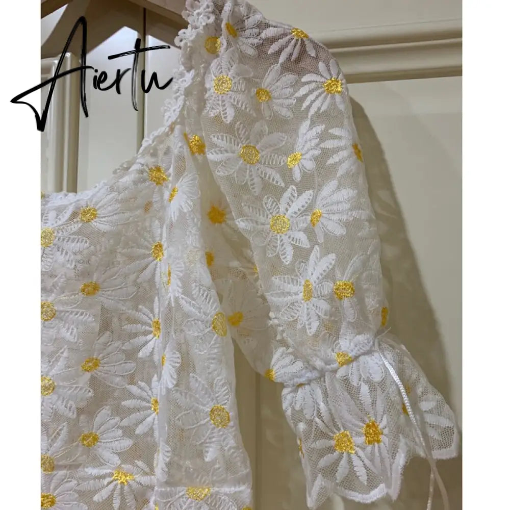 Aiertu Summer Dress New Retro Lace Daisy Embroidery Two Piece Mini Sexy Party Women Dresses Square Neck Vestidos Aiertu
