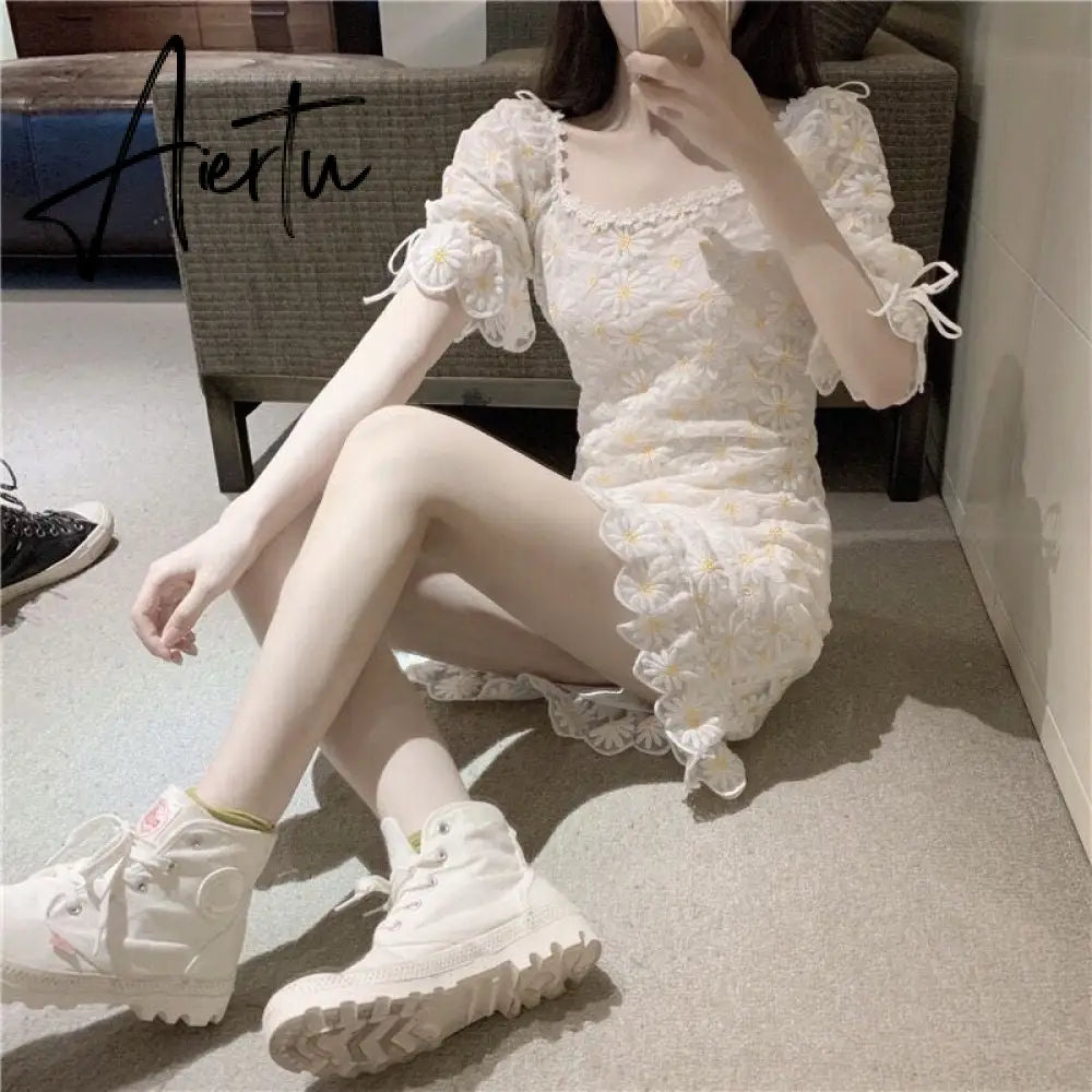 Aiertu Summer Dress New Retro Lace Daisy Embroidery Two Piece Mini Sexy Party Women Dresses Square Neck Vestidos Aiertu