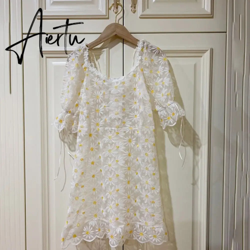 Aiertu Summer Dress New Retro Lace Daisy Embroidery Two Piece Mini Sexy Party Women Dresses Square Neck Vestidos Aiertu