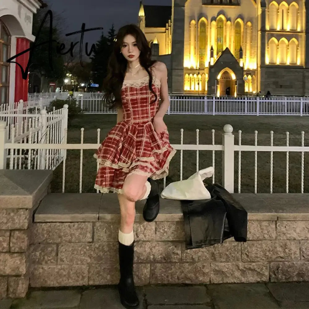 Aiertu Summer Dresses Red Plaid Suspender Sweet Spicy Girl  A-line Cake Puffy Short Skirt Formal Occasion De Noche Dress for Women Aiertu