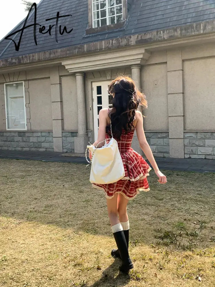 Aiertu Summer Dresses Red Plaid Suspender Sweet Spicy Girl  A-line Cake Puffy Short Skirt Formal Occasion De Noche Dress for Women Aiertu