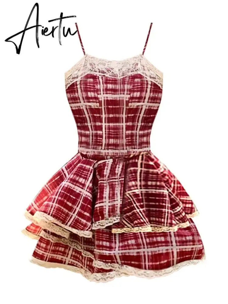 Aiertu Summer Dresses Red Plaid Suspender Sweet Spicy Girl  A-line Cake Puffy Short Skirt Formal Occasion De Noche Dress for Women Aiertu