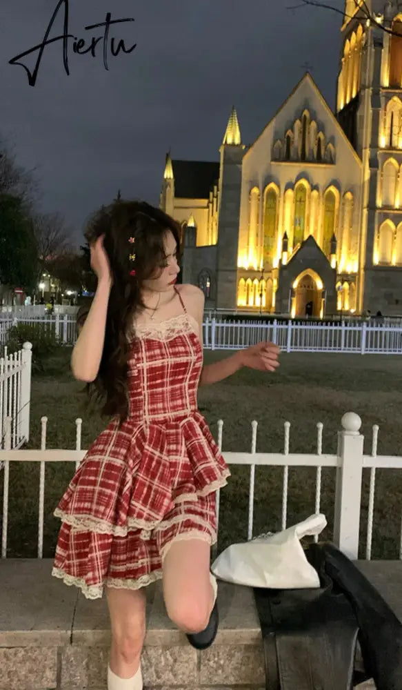 Aiertu Summer Dresses Red Plaid Suspender Sweet Spicy Girl  A-line Cake Puffy Short Skirt Formal Occasion De Noche Dress for Women Aiertu