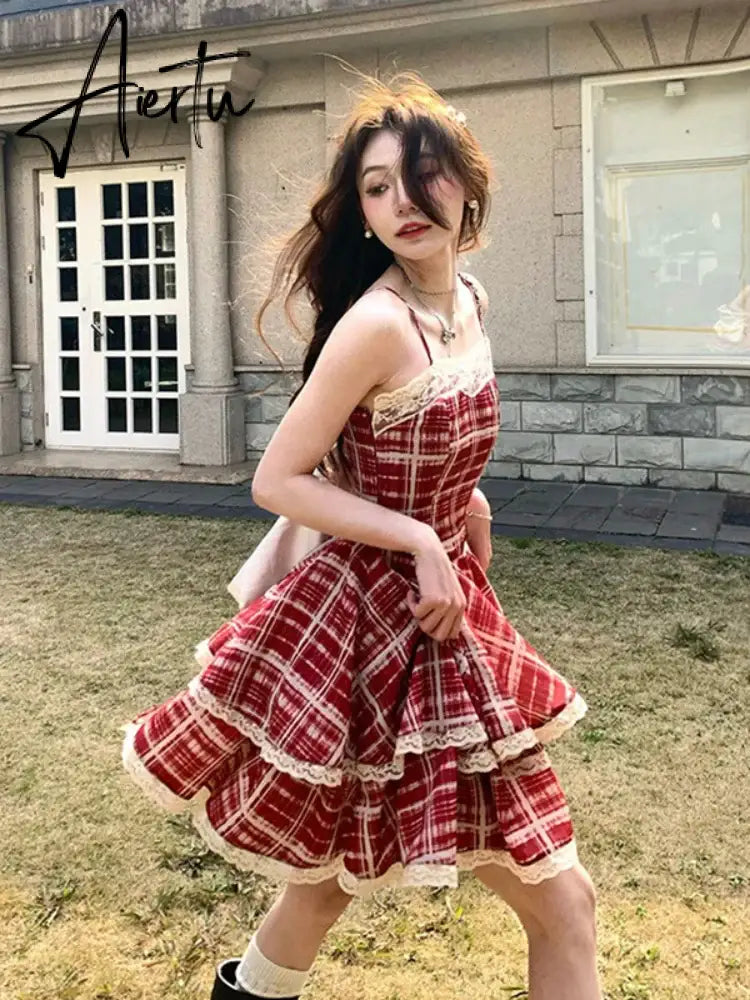 Aiertu Summer Dresses Red Plaid Suspender Sweet Spicy Girl  A-line Cake Puffy Short Skirt Formal Occasion De Noche Dress for Women Aiertu