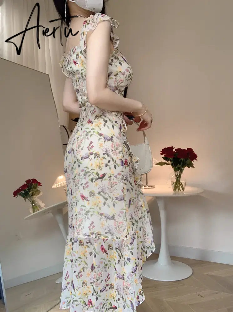 Aiertu Summer Elegant Retro Floral Midi Dress French Sweet Even Party Short Sleeve Print Lace Dress One Piece Dress Korean Chic Aiertu