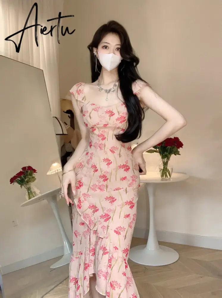 Aiertu Summer Elegant Retro Floral Midi Dress French Sweet Even Party Short Sleeve Print Lace Dress One Piece Dress Korean Chic Aiertu