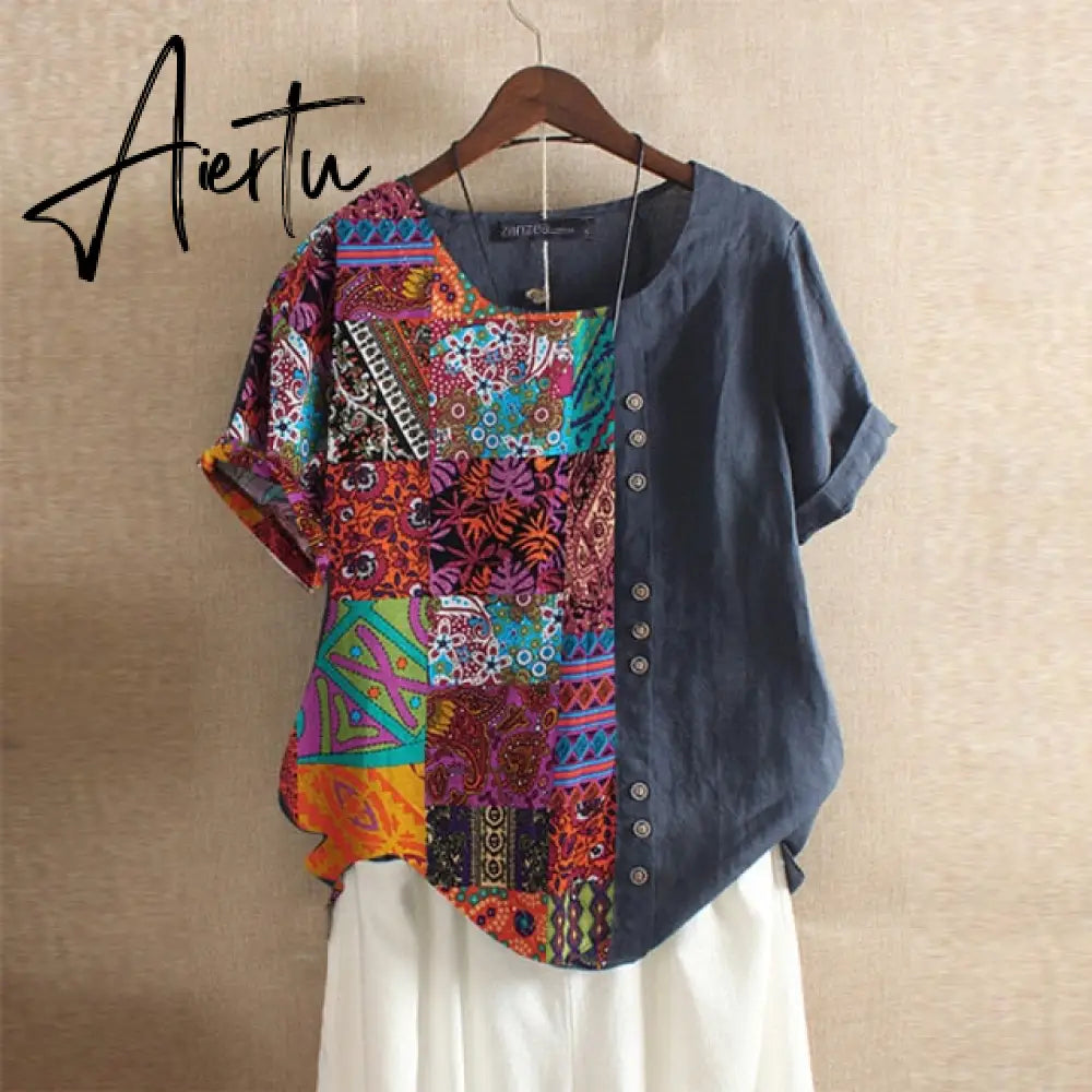 Aiertu  Summer Ethnic Print Shirt Women Short Sleeve Cotton Linen Blouse Female Bohemian Blusas Casual Vintage Tunic Tops Chemise Aiertu