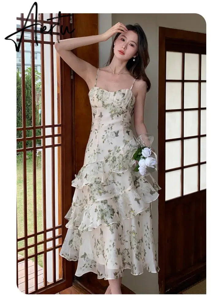 Aiertu Summer Floral Chiffon Midi-dresses Women Sleeveless Spaghetti Strap Backless Ruffle Dress Elegant Casual Party Ladies Dresses Aiertu