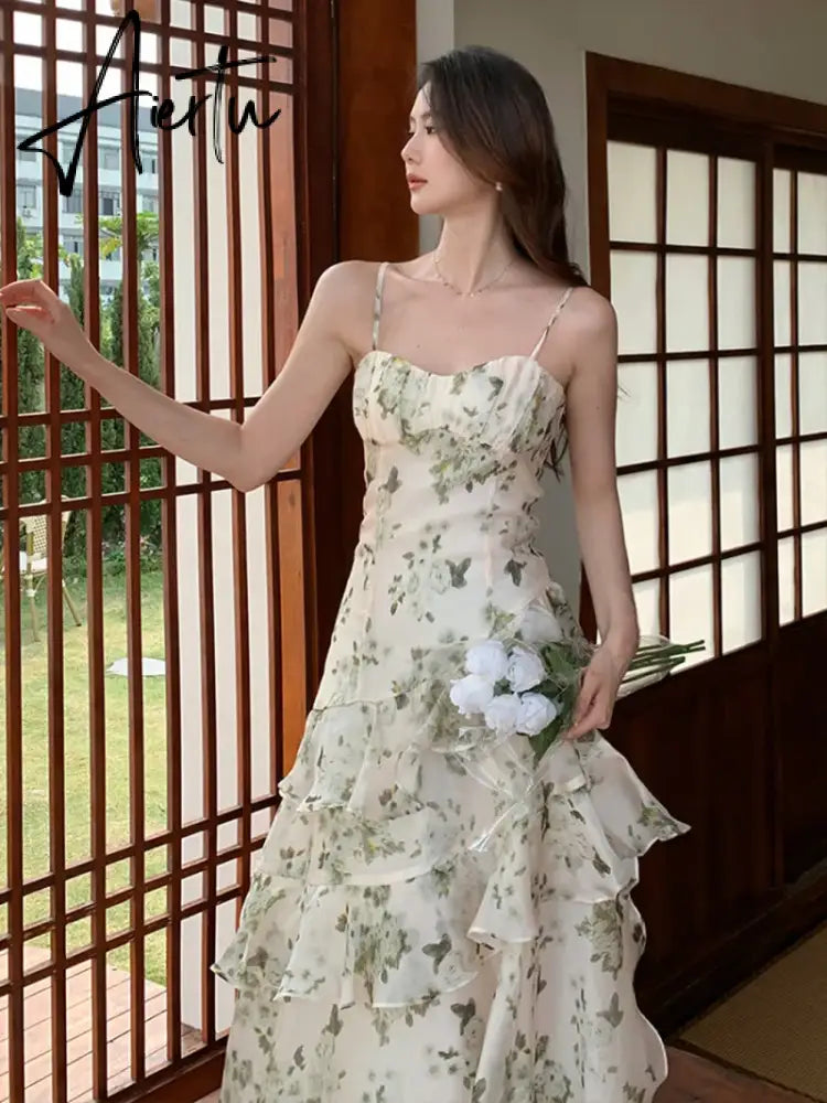 Aiertu Summer Floral Chiffon Midi-dresses Women Sleeveless Spaghetti Strap Backless Ruffle Dress Elegant Casual Party Ladies Dresses Aiertu