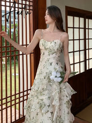 Aiertu Summer Floral Chiffon Midi-dresses Women Sleeveless Spaghetti Strap Backless Ruffle Dress Elegant Casual Party Ladies Dresses Aiertu