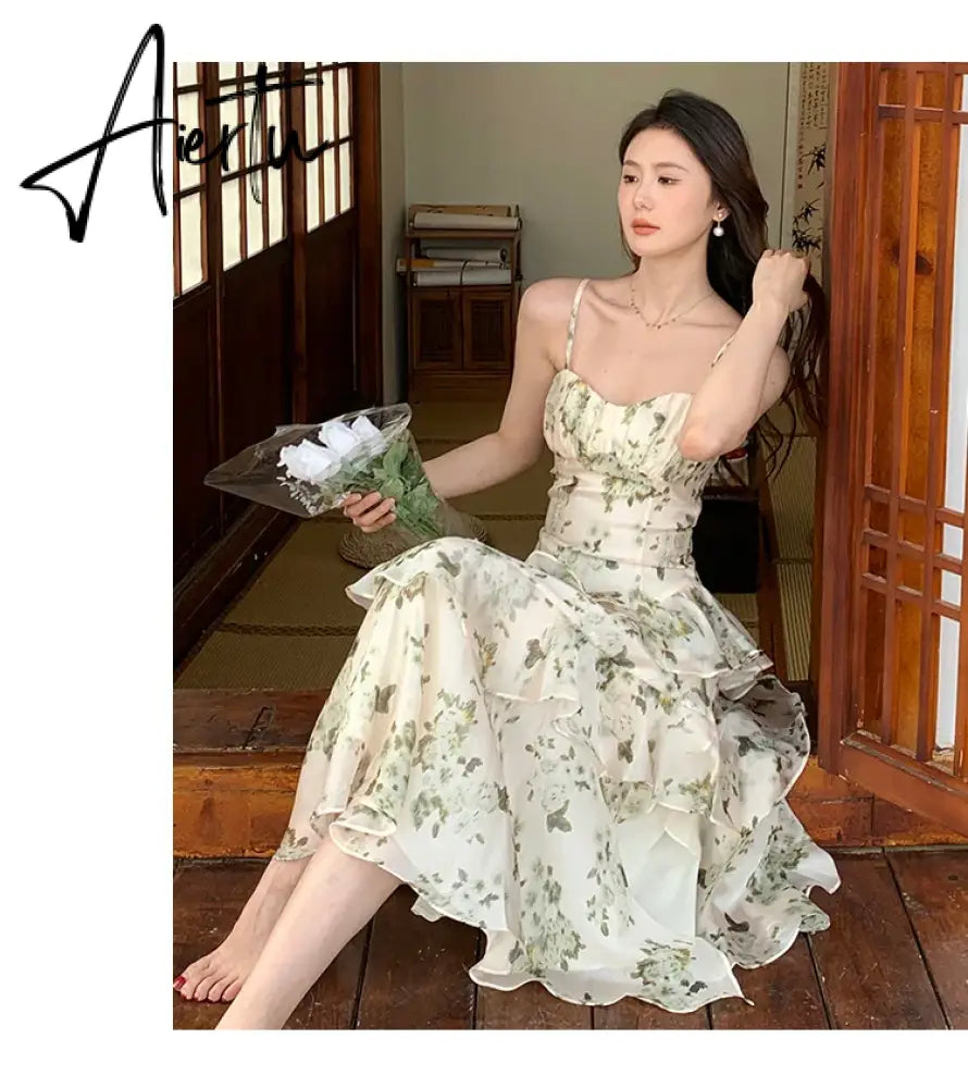 Aiertu Summer Floral Chiffon Midi-dresses Women Sleeveless Spaghetti Strap Backless Ruffle Dress Elegant Casual Party Ladies Dresses Aiertu