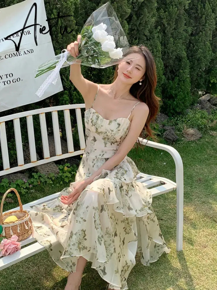Aiertu Summer Floral Chiffon Midi-dresses Women Sleeveless Spaghetti Strap Backless Ruffle Dress Elegant Casual Party Ladies Dresses Aiertu
