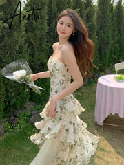 Aiertu Summer Floral Chiffon Midi-dresses Women Sleeveless Spaghetti Strap Backless Ruffle Dress Elegant Casual Party Ladies Dresses Aiertu