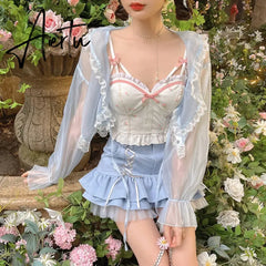 Aiertu  Summer Floral Kawaii Halter Tops Women White Backless Sexy Beach Sweet Cute Tanks Lace Print Party Korean Fashion Clothing Aiertu
