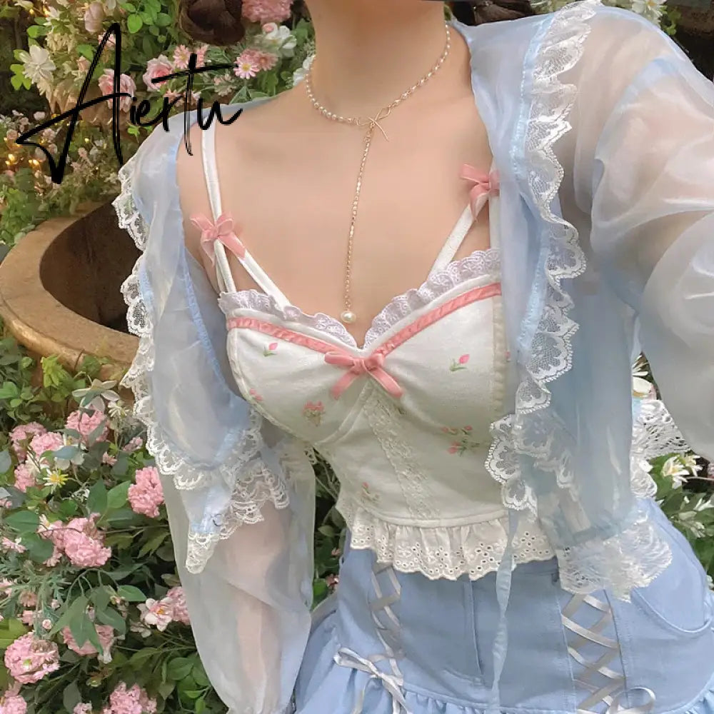 Aiertu  Summer Floral Kawaii Halter Tops Women White Backless Sexy Beach Sweet Cute Tanks Lace Print Party Korean Fashion Clothing Aiertu