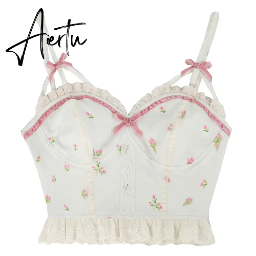 Aiertu  Summer Floral Kawaii Halter Tops Women White Backless Sexy Beach Sweet Cute Tanks Lace Print Party Korean Fashion Clothing Aiertu