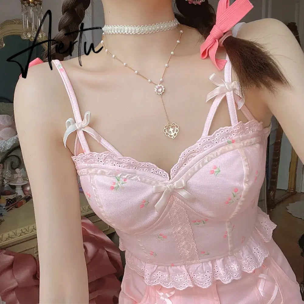 Aiertu  Summer Floral Kawaii Halter Tops Women White Backless Sexy Beach Sweet Cute Tanks Lace Print Party Korean Fashion Clothing Aiertu
