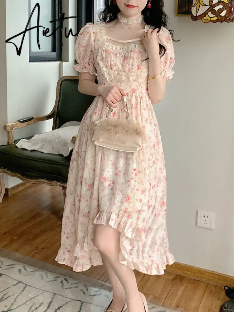 Aiertu Summer Floral Print Dress Women Lace Boho Kawaii Party Dress Female Casual Korean Fashion Holiday Lolita Elegant Midi Dress Aiertu