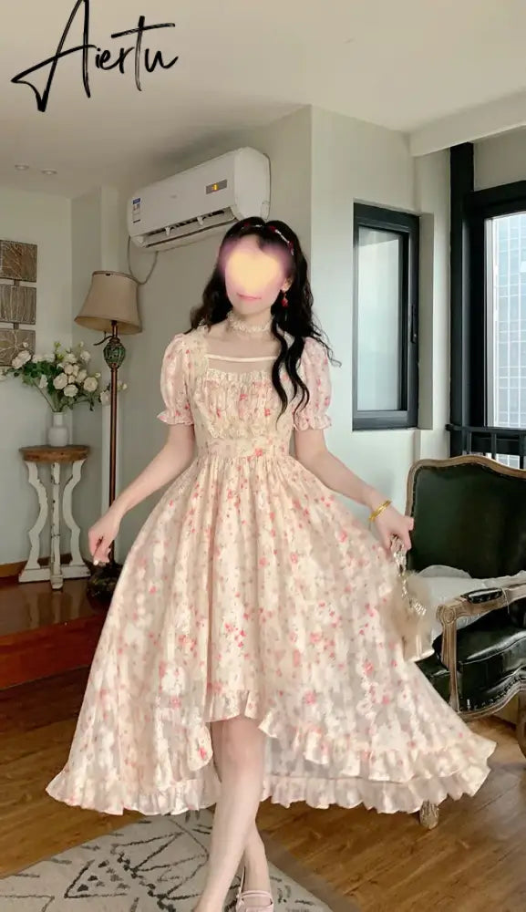 Aiertu Summer Floral Print Dress Women Lace Boho Kawaii Party Dress Female Casual Korean Fashion Holiday Lolita Elegant Midi Dress Aiertu