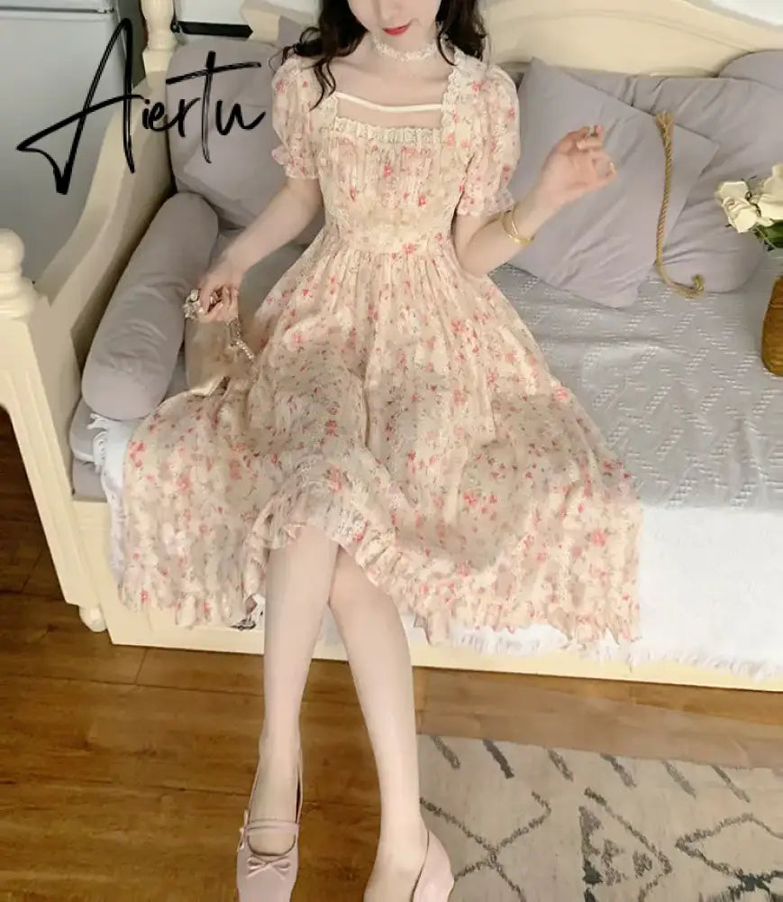 Aiertu Summer Floral Print Dress Women Lace Boho Kawaii Party Dress Female Casual Korean Fashion Holiday Lolita Elegant Midi Dress Aiertu
