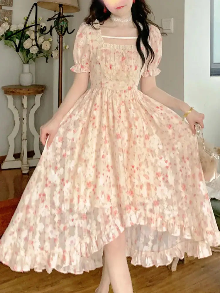 Aiertu Summer Floral Print Dress Women Lace Boho Kawaii Party Dress Female Casual Korean Fashion Holiday Lolita Elegant Midi Dress Aiertu