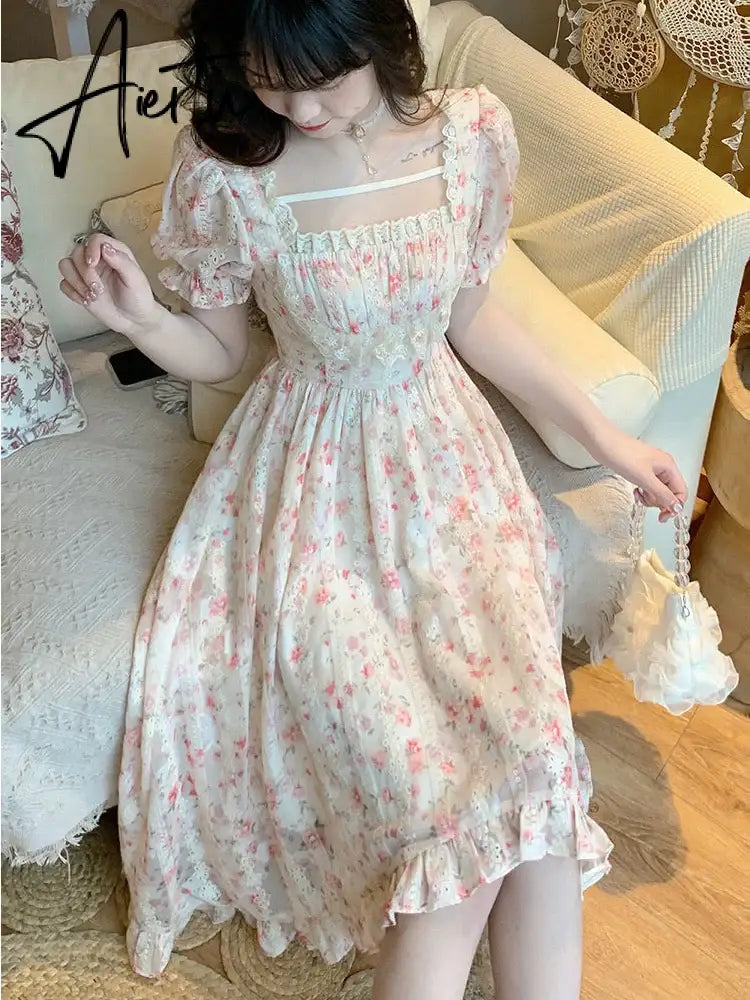 Aiertu Summer Floral Print Dress Women Lace Boho Kawaii Party Dress Female Casual Korean Fashion Holiday Lolita Elegant Midi Dress Aiertu