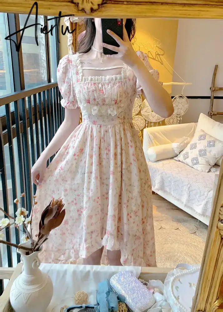 Aiertu Summer Floral Print Dress Women Lace Boho Kawaii Party Dress Female Casual Korean Fashion Holiday Lolita Elegant Midi Dress Aiertu