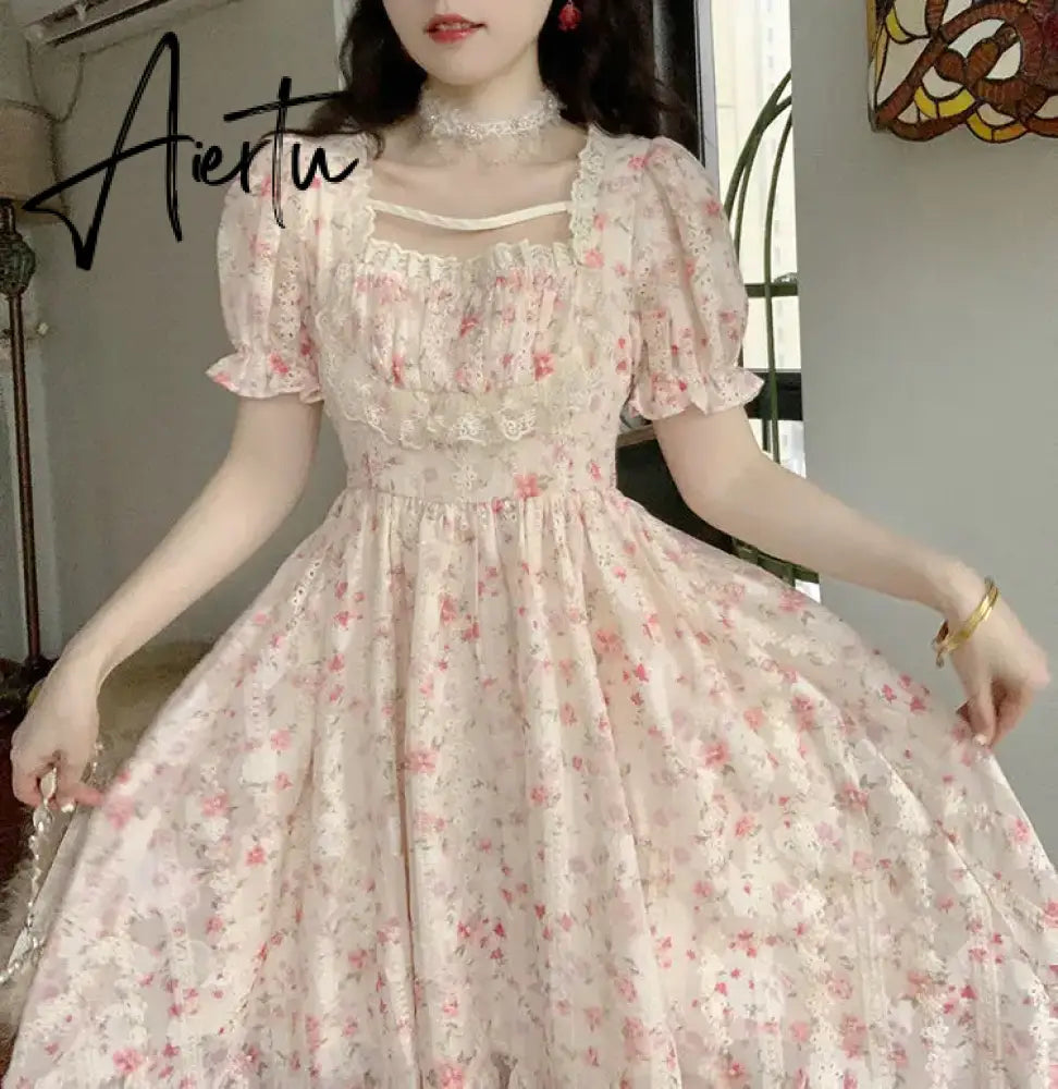 Aiertu Summer Floral Print Dress Women Lace Boho Kawaii Party Dress Female Casual Korean Fashion Holiday Lolita Elegant Midi Dress Aiertu