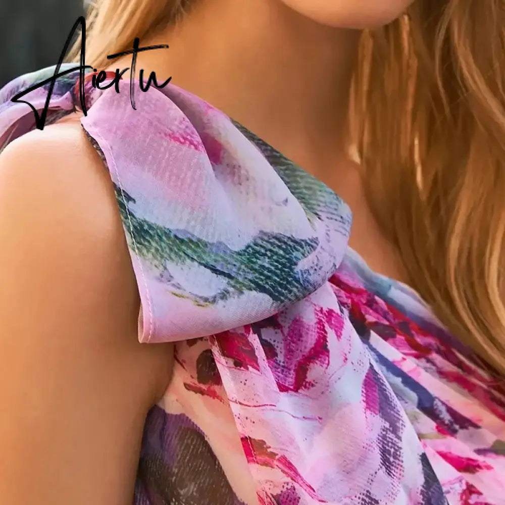 Aiertu Summer Floral Print Women Maxi Dress Elegant Pleated Slim Bohomian Party Dress Sexy Strapless Chiffon Holiday Long Dress Aiertu