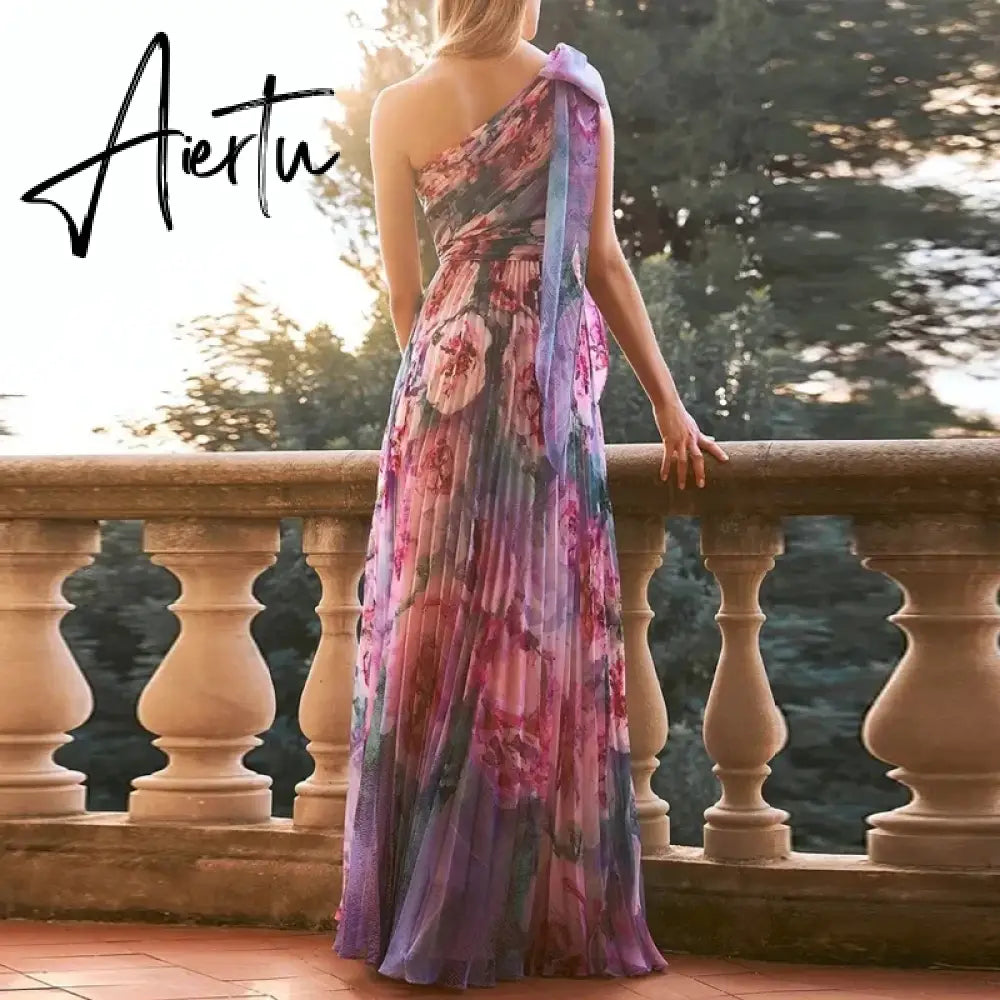 Aiertu Summer Floral Print Women Maxi Dress Elegant Pleated Slim Bohomian Party Dress Sexy Strapless Chiffon Holiday Long Dress Aiertu