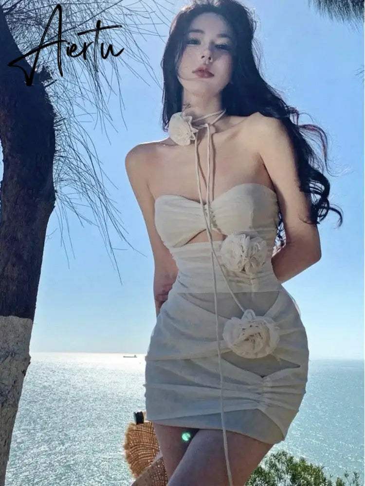 Aiertu Summer Floral Sexy Elegant Dress Women Ruffled France Party Mini Dress Female Backless Korean Fashion Designer Fairy Dress Aiertu