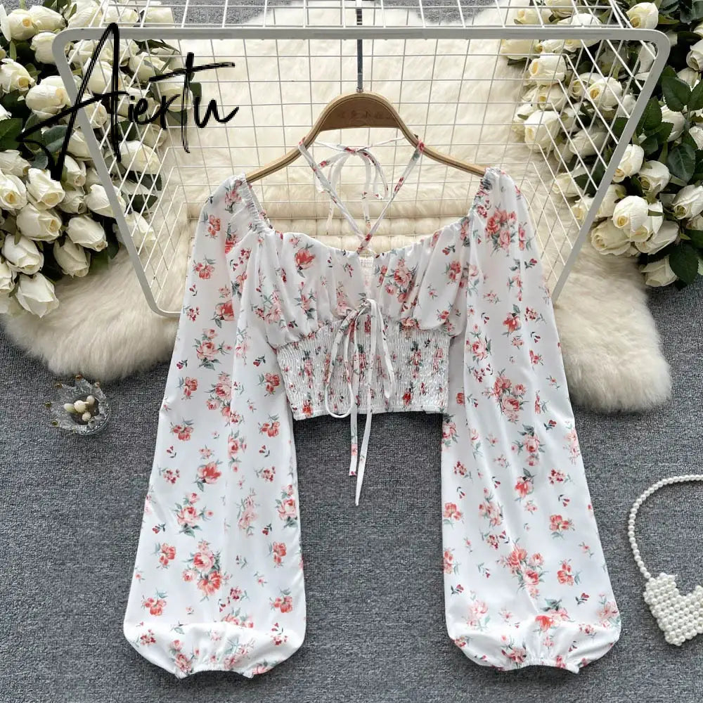 Aiertu  Summer French Style Print Short Blouse 2023 Long Sleeves Elastic Beach Top Women Fashion Backless Ruched Floral Blouse Aiertu