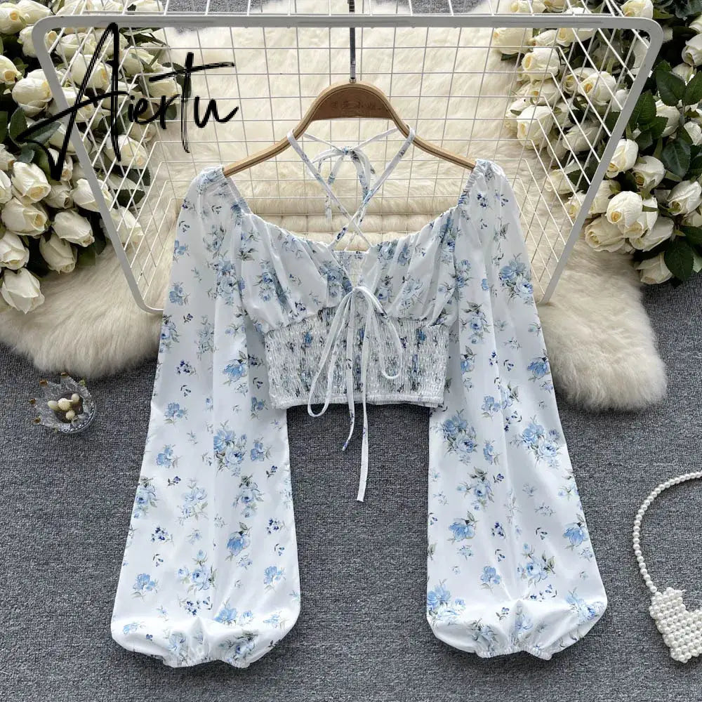 Aiertu  Summer French Style Print Short Blouse 2023 Long Sleeves Elastic Beach Top Women Fashion Backless Ruched Floral Blouse Aiertu