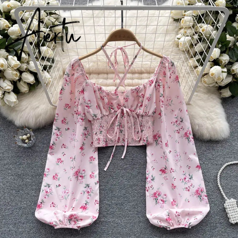 Aiertu  Summer French Style Print Short Blouse 2023 Long Sleeves Elastic Beach Top Women Fashion Backless Ruched Floral Blouse Aiertu